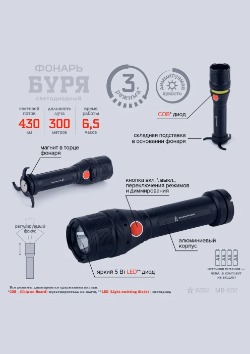 Купить фонарь «буря» mb-902 эра «армия россии» светодиодный по выгодной цене. - изображение 4
